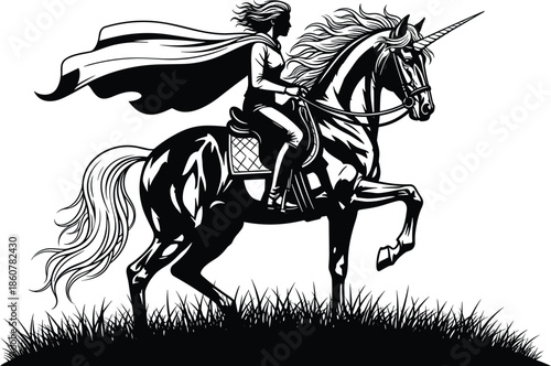Majestic female rider on unicorn silhouette, black and white vector illustration, fantasy warrior with flowing cape, mythical creature art in grass field