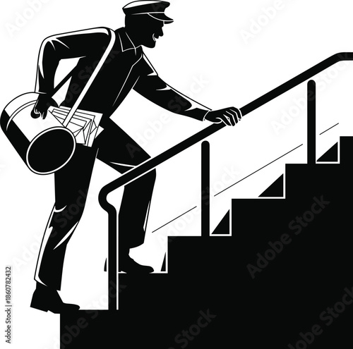 Mailman climbing stairs delivering letters, vintage postman silhouette vector illustration, postal worker carrying mail bag, courier service concept, communication delivery symbol design
