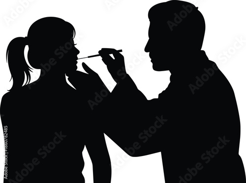 Makeup artist applying lipstick on woman silhouette, professional beauty concept illustration, cosmetic stylist working with client, fashion salon and makeup design