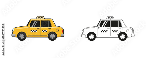 Classic yellow taxi sedan side view with checkered patterns depicted as cartoon illustration and black and white line art coloring page for kids on isolated white background