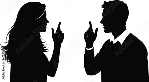Man and woman arguing silhouette, black and white confrontation concept, pointing fingers debate conflict, flat vector illustration for relationship communication psychology themes