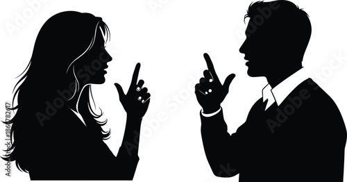 Man and woman arguing silhouettes, intense face to face pointing finger debate, black and white flat vector illustration for conflict communication relationship concepts