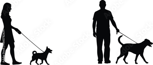 Man and woman walking dogs on leashes silhouette, pet care and daily outdoor activity concept, minimalist people lifestyle vector illustration isolated