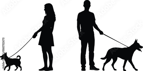 Man and woman walking dogs on leashes, pet owner silhouettes with small and large dogs, black and white flat vector illustration lifestyle concept