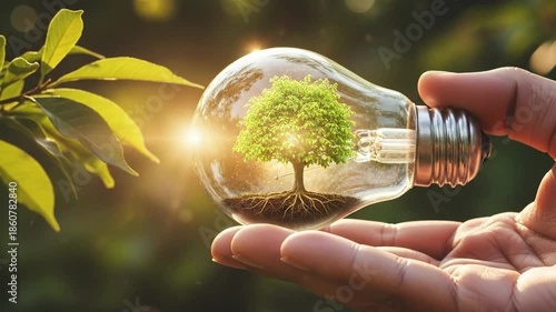 Green Energy Concept - Tree Growing Inside Light Bulb Held by Hand.