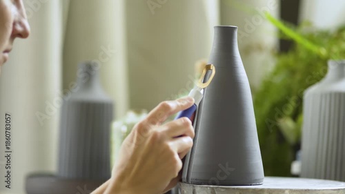 Female potter meticulously working on decorative surface textures. The therapeutic rhythm of pottery craftsmanship.