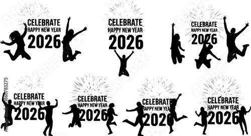 Celebrate Happy New Year 2026 with joy and excitement, fireworks and jumping people silhouettes