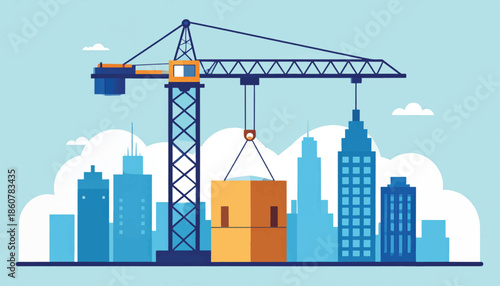 Construction Crane Lifting Building Module in Cityscape.