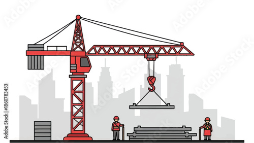 Construction Crane Lifting Heavy Steel Beam at Building Site.