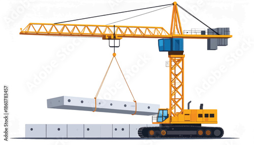 Construction Crane Lifting Heavy Concrete Blocks at Site.