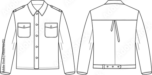 Long sleeve shirt technical fashion sketch, front and back view, chest pockets, belt detail, vector template, flat CAD drawing illustration