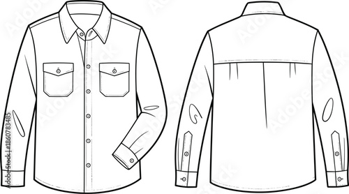 Long sleeve shirt technical fashion sketch, front and back view, chest pockets, elbow patches, flat CAD drawing vector illustration template