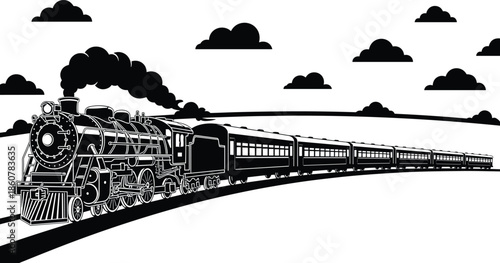 Long steam passenger train silhouette traveling on curved railway track, vintage locomotive vector illustration for transportation history, classic travel, 
