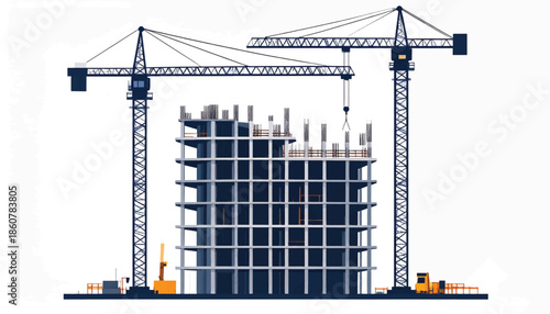 Construction Site With Tower Cranes Building Skyscraper.