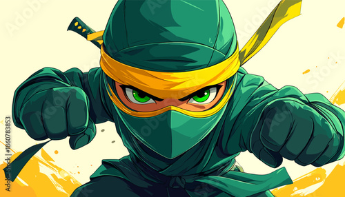 Intense Green Ninja Ready for Action with Yellow Accents.