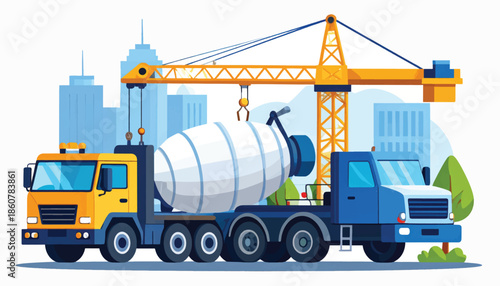 Construction vehicles including cement mixer and crane.