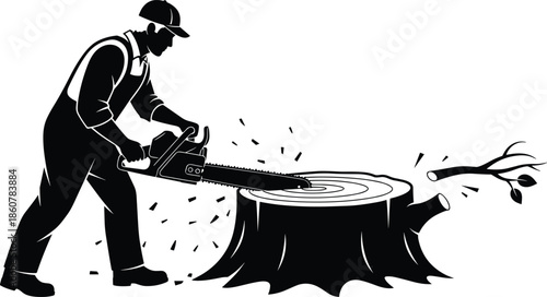 Lumberjack worker using chainsaw to cut large tree stump, professional forestry woodcutting silhouette, logging industry equipment, arborist tree service vector illustration
