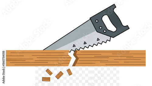 Saw cutting through wooden plank with sawdust flying.