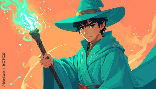Anime Wizard Conjuring Magic with Staff and Pointed Hat.