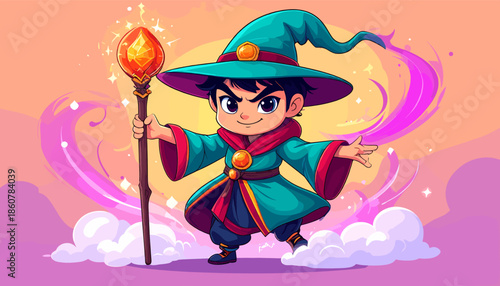Cartoon Wizard Boy with Magic Staff and Pointed Hat.