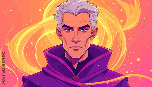 Intense Man with Silver Hair and Purple Robe Illustration.