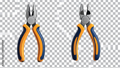 Two Pliers Tools with Orange and Blue Handles.