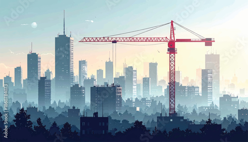 Towering Red Construction Crane Overlooking Cityscape.