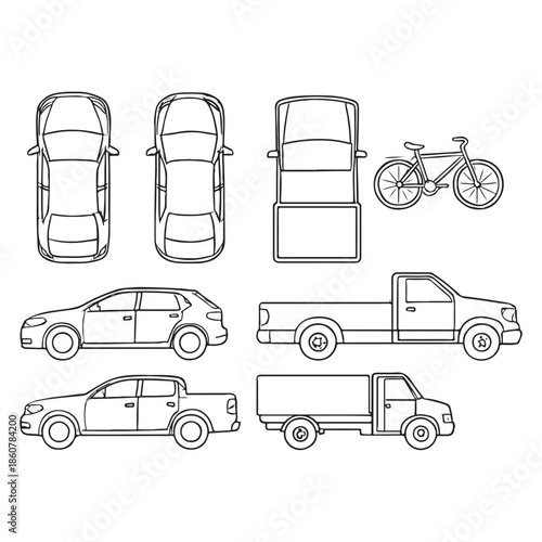 Vehicle Elevation & Top View Flat Vector Collection for Architecture