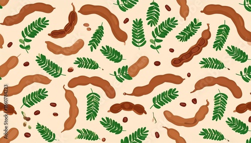 Seamless Pattern with Tamarind Pods and Leaves, Generative AI