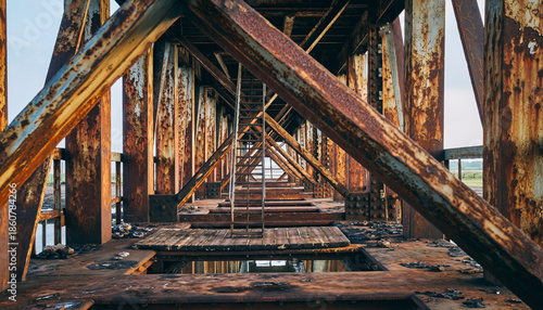 A rusted industrial structure showing a ladder inside with patterns