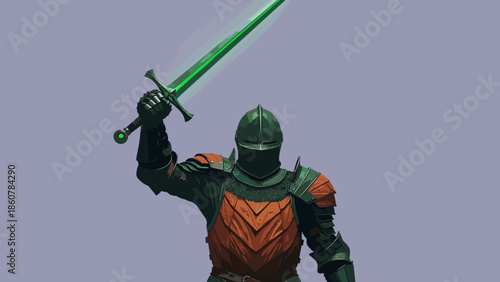 Knight in shining armor wielding a glowing green sword.