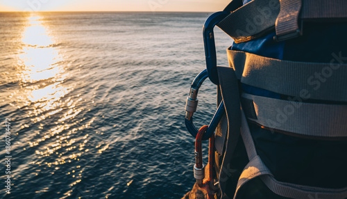 Close up of climbing harness and carabiner with ocean view