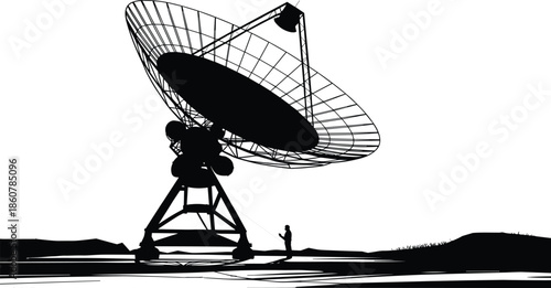 Large satellite dish antenna silhouette, space communication technology illustration, astronomy science vector art, radar observation system, futuristic 