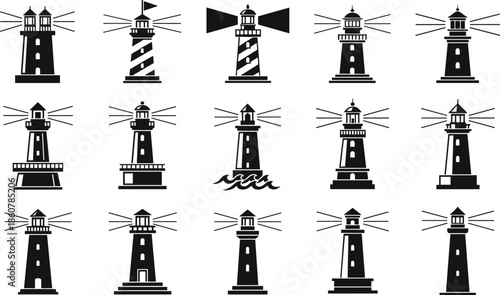 Lighthouse vector icon set, maritime navigation beacon collection, sea safety tower with light beam, nautical coastal symbol, black and white silhouette illustration