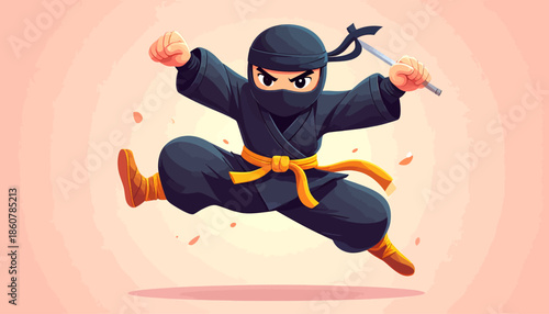 Cartoon Ninja Mid-Air with Nunchucks Ready for Action.