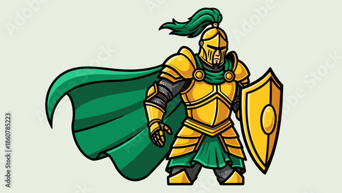 Illustration of a Knight in Golden Armor with Green Cape.
