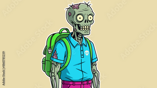 Cartoon Zombie Student with Backpack Ready for School.