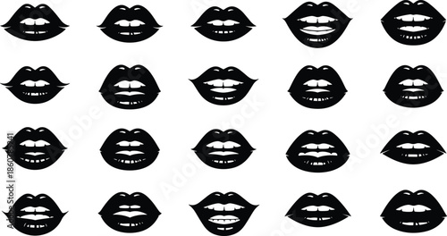Lips silhouettes vector collection, female mouth expressions, sexy lipstick shapes, black fashion beauty icons, pop art illustration set isolated on white background