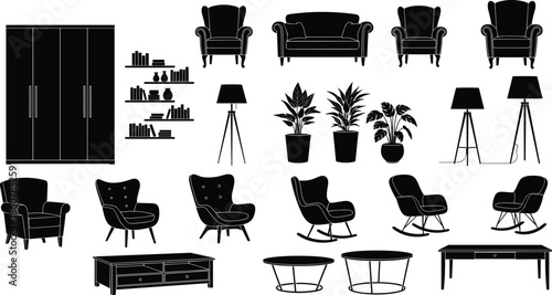 Living room furniture silhouettes vector collection, modern interior design elements set including sofas chairs lamps tables plants, black home decor illustration icons