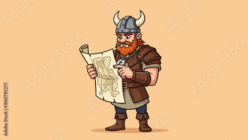 Cartoon Viking Navigator Studying a Map with Horned Helmet.