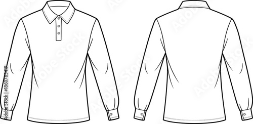 Long sleeve polo shirt technical sketch, front and back view, fashion flat, garment design, cad drawing, vector illustration, apparel template