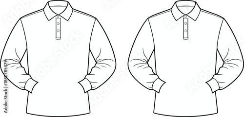 Long sleeve polo shirt technical sketch, front view comparison, fashion flat, garment design, cad drawing, vector illustration, apparel template