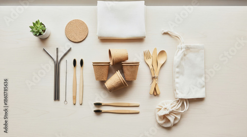 bamboo kitchen utensil set with bamboo toothbrush, cups, straws