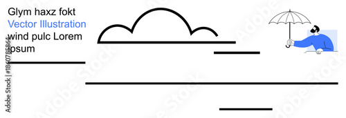Weather concepts, graphic design, abstract art, placeholder text, protection symbols, modern illustrations. Abstract cloud shape and a person holding an umbrella. Weather and graphic design concepts