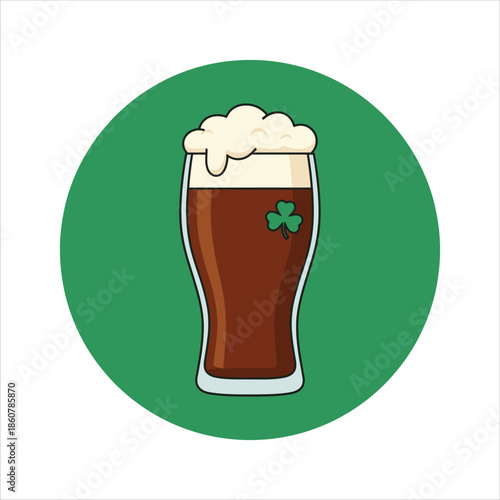 Illustration of a pint glass filled with dark stout beer, topped with a creamy foam and adorned with a green shamrock, set against a vibrant green circle.