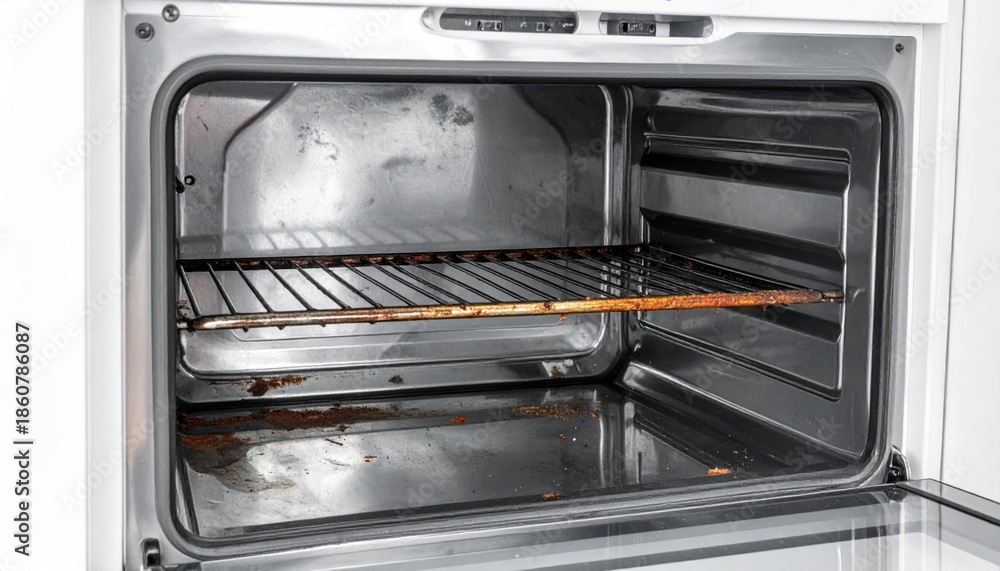 Obraz premium Close up view inside a very dirty electric oven cavity showing significant baked on grease and heavy grime accumulation on the bottom and the metal rack.