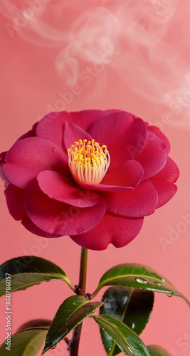 Bright Red Camellia Petals Unfolding in Haze Against Light Red Background
