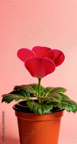 Red Buds of Lychnis Growing and Blooming Upward Against Light Red Background
