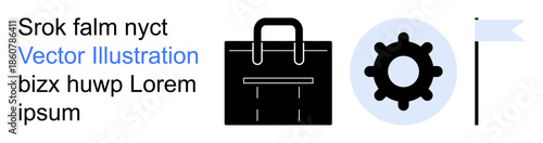 Business strategy, workflow, goal setting, process automation, productivity, project management. Features black briefcase, gear wheel and flag icon. Workflow and goal-setting concept