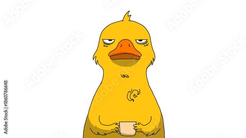 Funny Cartoon Duck Holding Coffee Mug with Tired Expression